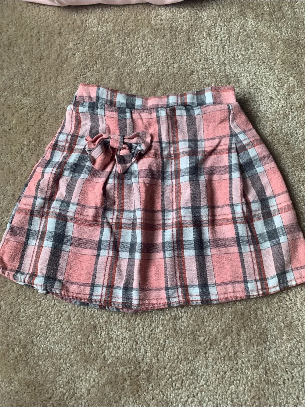 2 Piece Set Girls Pink Top w Plaid Heart & Matching Pink Plaid Skirt